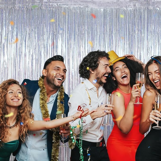 12 Pack Fringe Backdrop, 3.28 FT x 7.08 FT Glitter Silver Tinsel Curtain, Metallic Foil Curtains Party Streamer Disco Backdrop, Silver Party Decorations for New Year Birthday Holiday