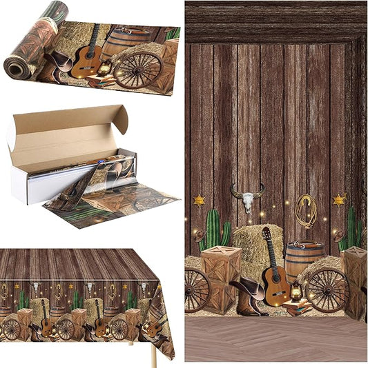 Kochorie 54 Inch X 100 Feet Western Party Tablecloth Roll, Disposable Western Cowboy Table Cover, Cowboy Theme Plastic Tablecloth Wild West Wooden House Barn Door Table Cover for Baby Shower Birthday