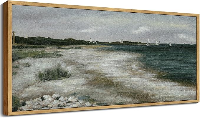 SHENIFY Vintage Framed Wall Art Seaside Coastal Landscape Painting Retro Beach Scenery Farmhouse Kitchen Living Room Decor - 8x16in Natural Framed