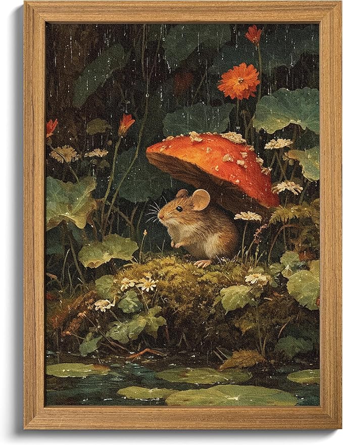 Framed Vintage Mushroom Mouse Wall Art, Woodland Cottagecore Wall Decor, 3D Textured Enchanted Art Print, Hand Drawn Sandstone Nature Botanical Pictures for Living Room Bedroom 12x16 inch