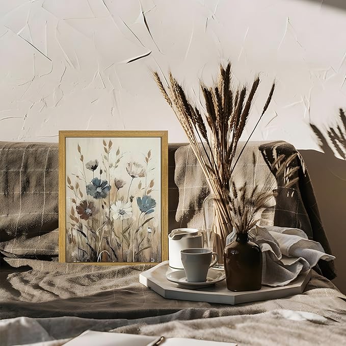 Yaneiro Wood Framed Vintage Wildflower Wall Art, Boho Canvas Wall Decor Paintings, Sage Flower Bathroom Decor, Countryside Farmhouse Landscape Posters Print for Bedroom Hallway Living Room 8x10 Inch