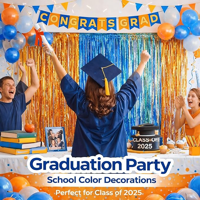 Melsan Heavy Duty Tinsel Fringe Curtain, 3 Pack 3.2 x 8.2 ft Extra Long Thicker Blue & Orange Streamers, Includes Adhesive + 3 Extra 3.1 Ft Tapes, Blue Dog Themed Birthday Backdrop & Photo Booth Prop