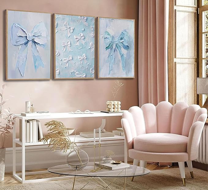 3Pcs Trendy Blue Bow Canvas Wall Art Vintage Cute Preppy Watercolor Bow Painting Pictures Wall Decor Posters Prints Girly Aesthetic for College Apartment Bedroom Decoration Unframed