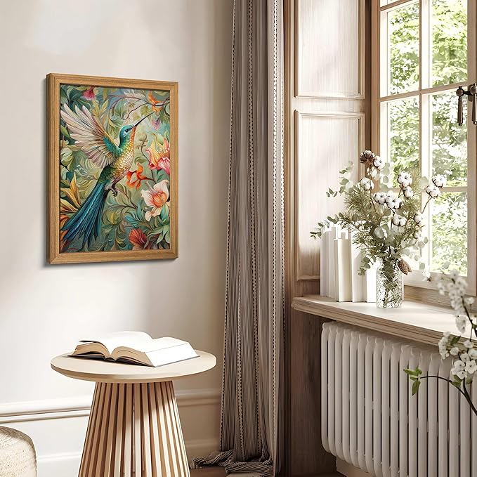 Framed Vintage 3D Textured Wall Art - Colorful Hummingbird Floral Wall Decor - Hand Painted Sandstone Nature Botanical Picture for Living Room Bedroom Home Decor 16x24 inch