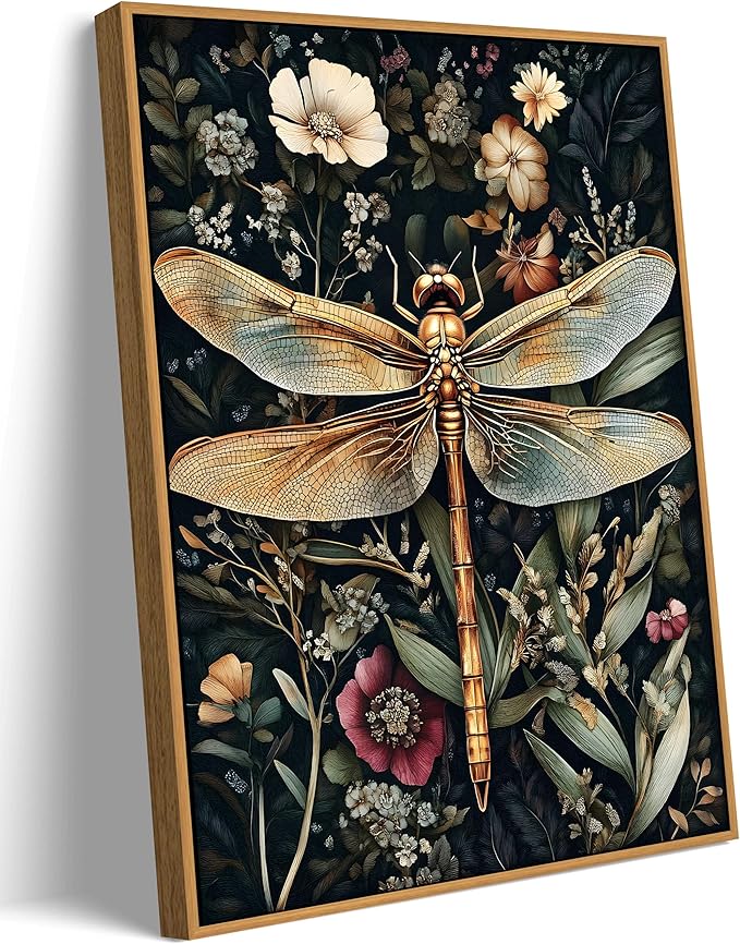 Framed Vintage Botanical Dragonfly Wall Art Dark Green Gothic Nature Dragonfly Flowers Wall Decor Pictures for Living Room Bedroom Home Decoration 8x10in