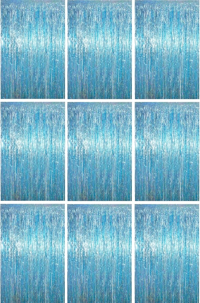 3.3 x 6.6 ft Foil Fringe Backdrop Curtains, Tinsel Streamers Party Decorations, Fringe Backdrop for Birthday, Baby Shower, Gender Reveal, Graduation (9, Light Blue)