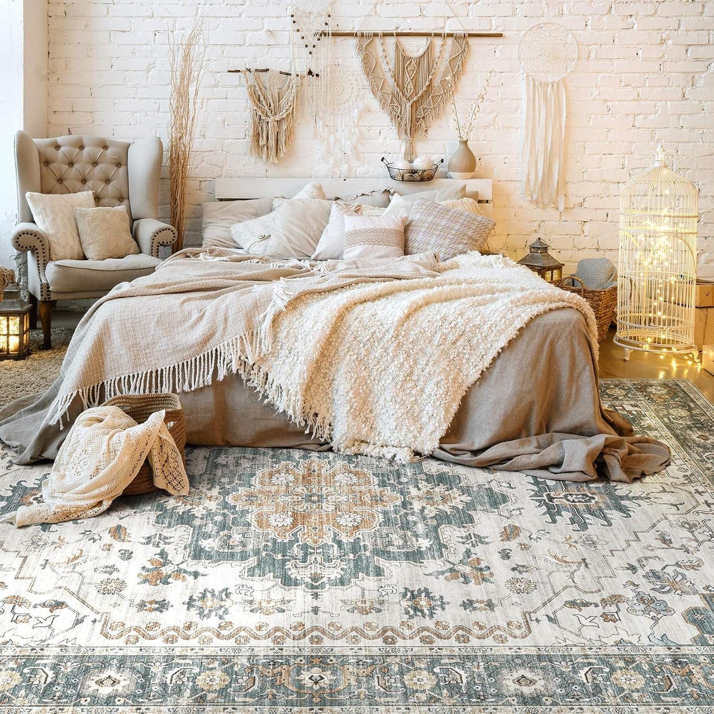 Washable Area Rugs for Living Room -9x12 Neutral Vintage Distressed Floral Farmhouse Boho Large Soft Floor Rug Indoor Non Slip Carpet for Living Room Bedroom Dining Room Office -Green/Grey