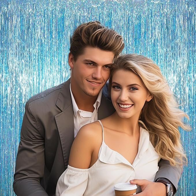 3.3 x 6.6 ft Foil Fringe Backdrop Curtains, Tinsel Streamers Party Decorations, Fringe Backdrop for Birthday, Baby Shower, Gender Reveal, Graduation (6, Light Blue)