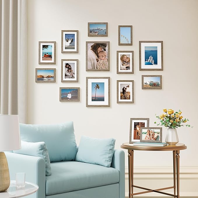 Vittanly 15 Pack Picture Frames Collage Wall Decor for Mounting or Tabletop Display, Gallery Frame Set for Family, Multi Sizes Including 3pcs 8x10, 6pcs 5x7, 6pcs 4x6, Grayish Brown