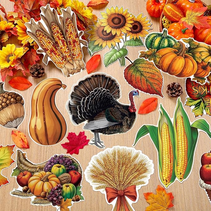 32 Pcs Vintage Thanksgiving Cutouts Fall Harvest Cutouts Cornucopia Decorative Sets Retro Give Thanks Accents Pumpkins Leaves Turkey Decor for Office Bulletin Board Thanksgiving Day Party Wall