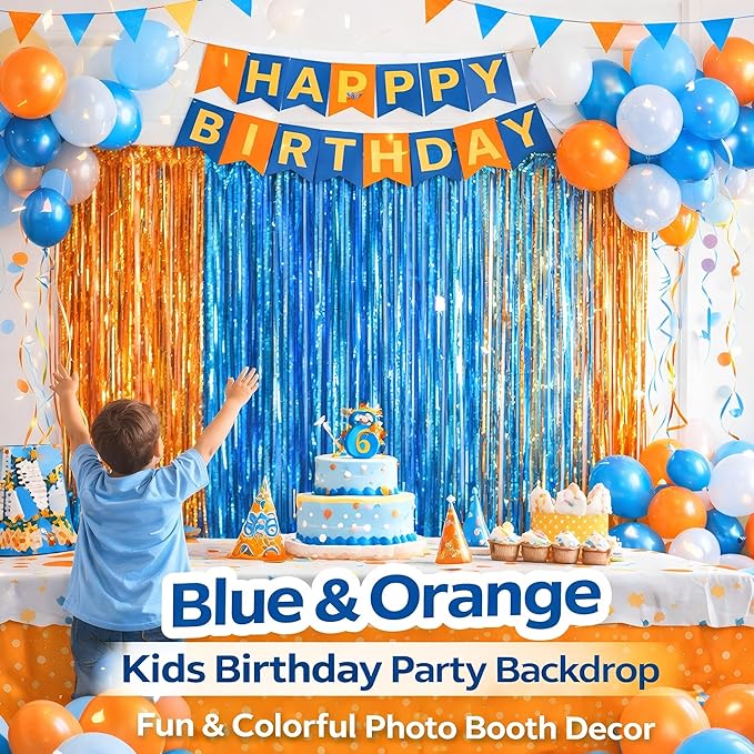 Melsan Heavy Duty Tinsel Fringe Curtain, 3 Pack 3.2 x 8.2 ft Extra Long Thicker Blue & Orange Streamers, Includes Adhesive + 3 Extra 3.1 Ft Tapes, Blue Dog Themed Birthday Backdrop & Photo Booth Prop