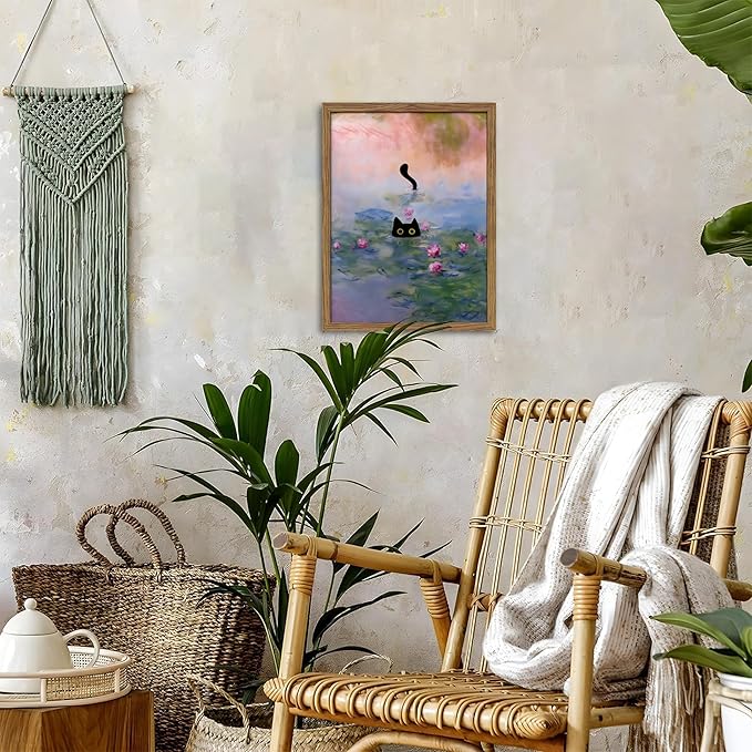 Vintage Framed Cat Canvas Wall Art Monet Print, Funny Black Cat in Water Lilies Poster, Monet Office Wall Decor, Floral Oil Painting Picture Artwork for Living Room Bathroom Aesthetic – 12x16 inch