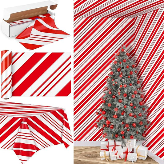 Kochorie 100 ft x 54 in Christmas Candy Cane Striped Tablecloth Roll with Slide Cutter Box Red and White Table Cover Christmas Tablecloth Wall Backdrop Xmas Home Holiday Party Supplies