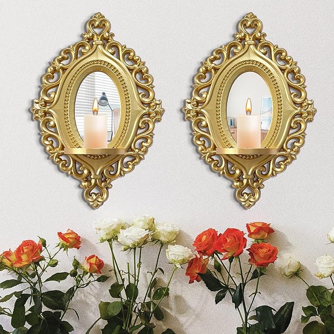 Three-Dimensional Relief Candle Sconces Set 2 Rustic Wall Mount Candle Holders Wood Hanging Wall Decor Mirrored Wall Art Hand Carved Home Decoration