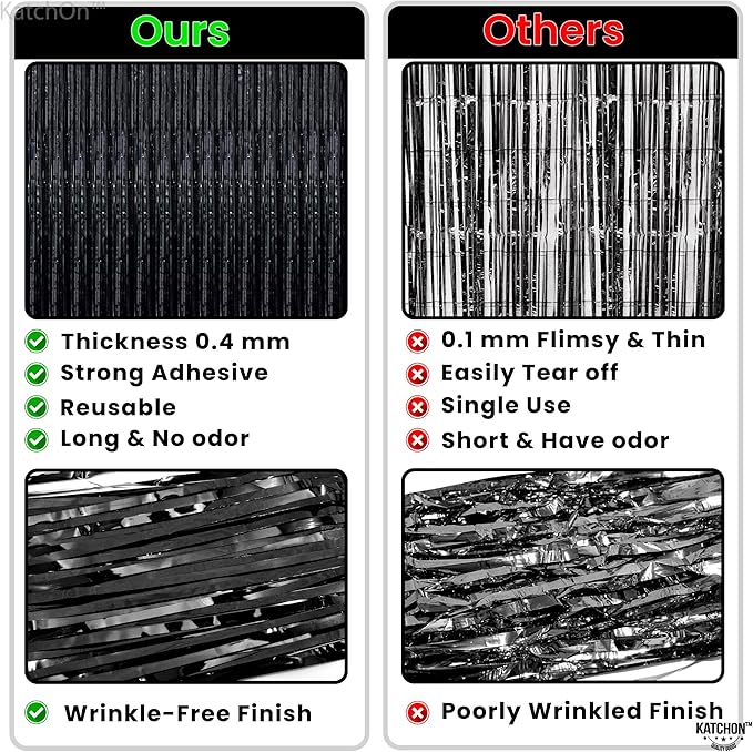 KatchOn XtraLarge Black Streamers - 3.2x8 Feet, Pack of 2 | Fringe Backdrop for Black Party Decorations | Tinsel Backdrop for Graduation Decorations 2026 | Black Streamers Party Decorations