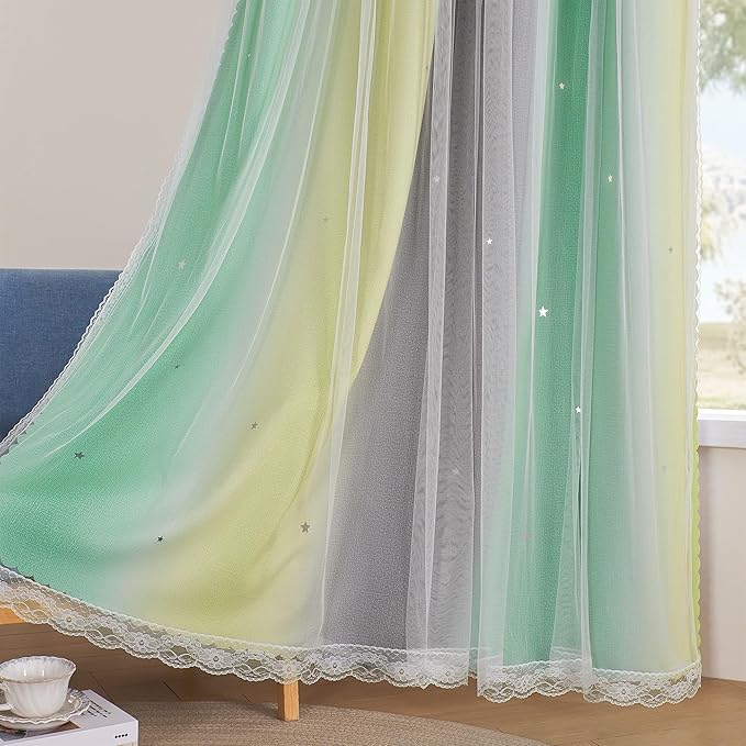 XiDi Yellow & Rainbow Curtains for Kids & Girls Room - Blackout, Grey & Green 52x63 Inch Long 1 Panel with Unicorn Wall Decals