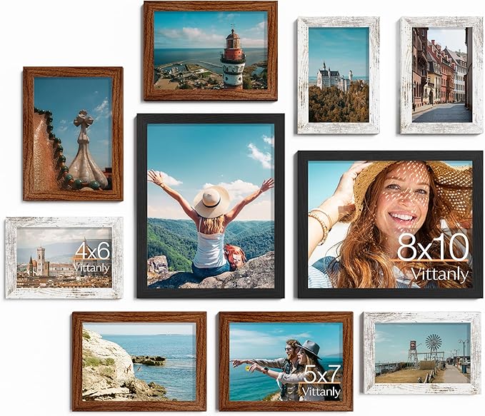 Vittanly 10 Pack Picture Frames, Picture Frames Collage Wall Decor with Two 8x10, Four 5x7, Four 4x6 Frames, Gallery Wall Frame Set for Wall or Tabletop Display, Black, Walnut Brown, Distressed White