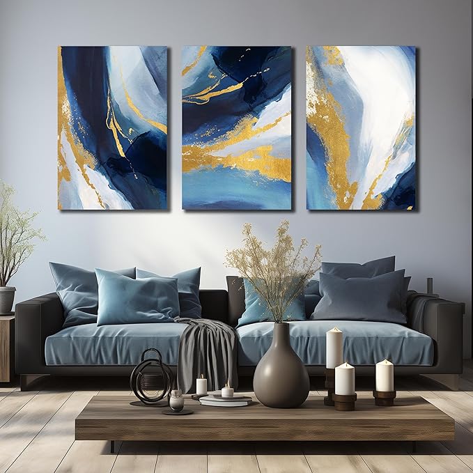 DNIEOTU Abstract Wall Art for Living Room, Blue and Gold Canvas Picture Prints Wall-Decor for Bedroom, Size 24 x 36 Inches 3-Pieces