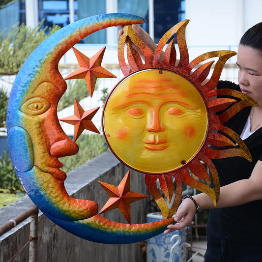 Metal Larger Size 29 Inch Sun Outdoor Wall Art Decor with Moon & Stars,Hanging for Indoor Outdoor Patio Garden Fence Deck Yard Pool Wall Sculpture Decoration Colorful