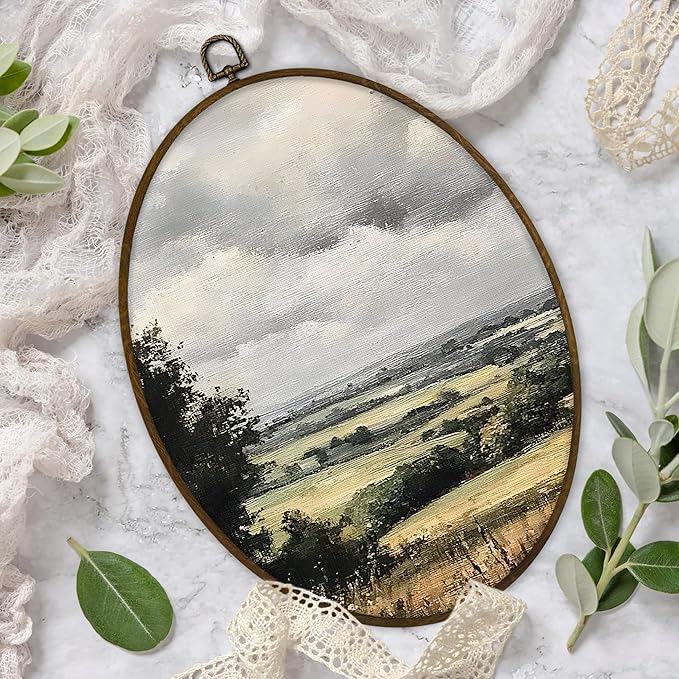 Gnmduw Vintage Farmhouse Field Landscape Oval Wall Art Framed, Wildflower Field Nature Landscape Canvas Prints Hanging Decor Decorations, Cottagecore Wall Decor for Living Room Bedroom, 8.7x11.3 Inch