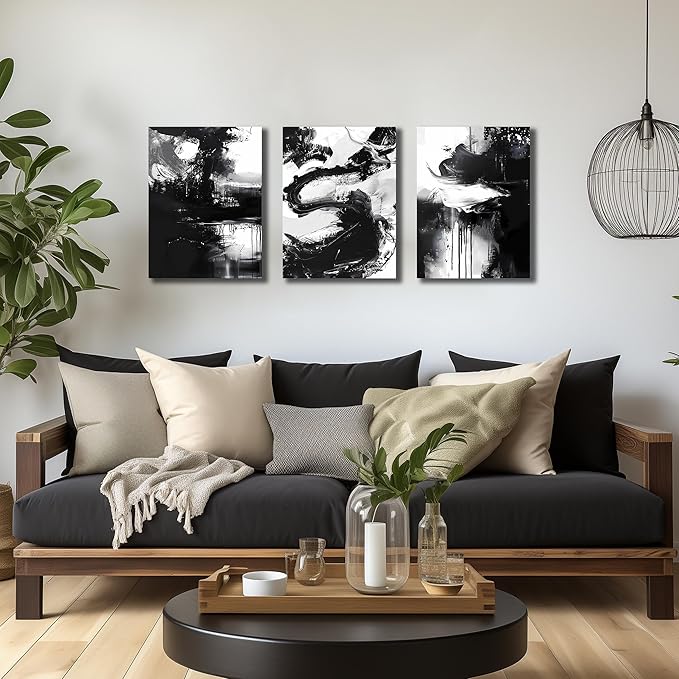 DNIEOTU Abstract Wall Art for Living Room, Black and White Canvas Wall-Decor for Bedroom, Picture Prints, Size 12 x 16 Inches 3-Pieces