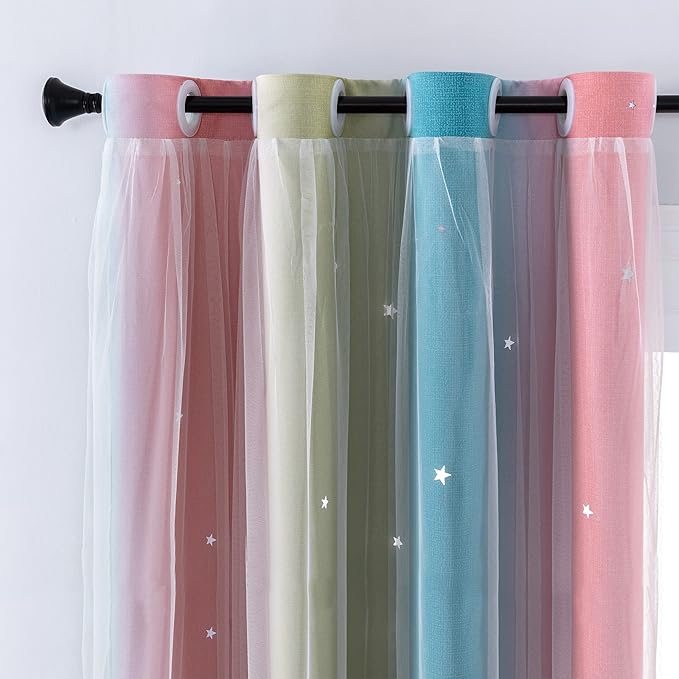 XiDi Curtains for Bedroom Decor, Rainbow Pink-Blue-52-45