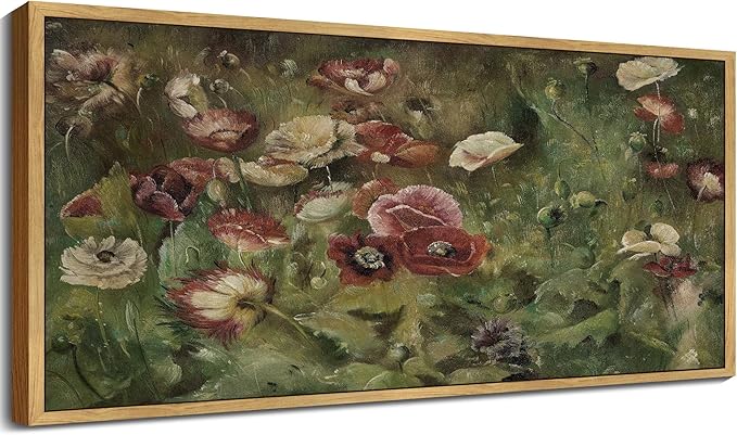 SHENIFY Vintage Framed Wall Art Poppies Flower Landscape Painting Retro Red Floral Scenery Farmhouse Kitchen Living Room Decor - 8x16in Natural Framed