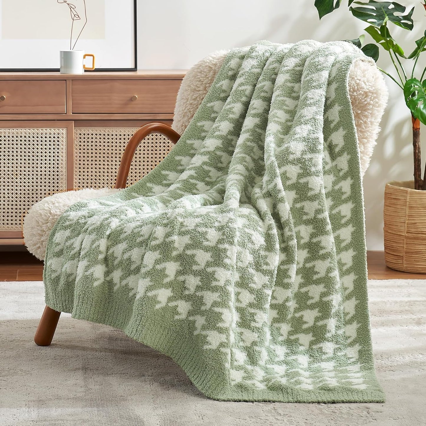 Snuggle Sac Houndstooth Throw Blanket for Couch, Reversible Super Soft Warm Blankets Cozy Knit Fuzzy Plush Lightweight Throws for Sofa, Bed, Camping, Green,50x60 inches