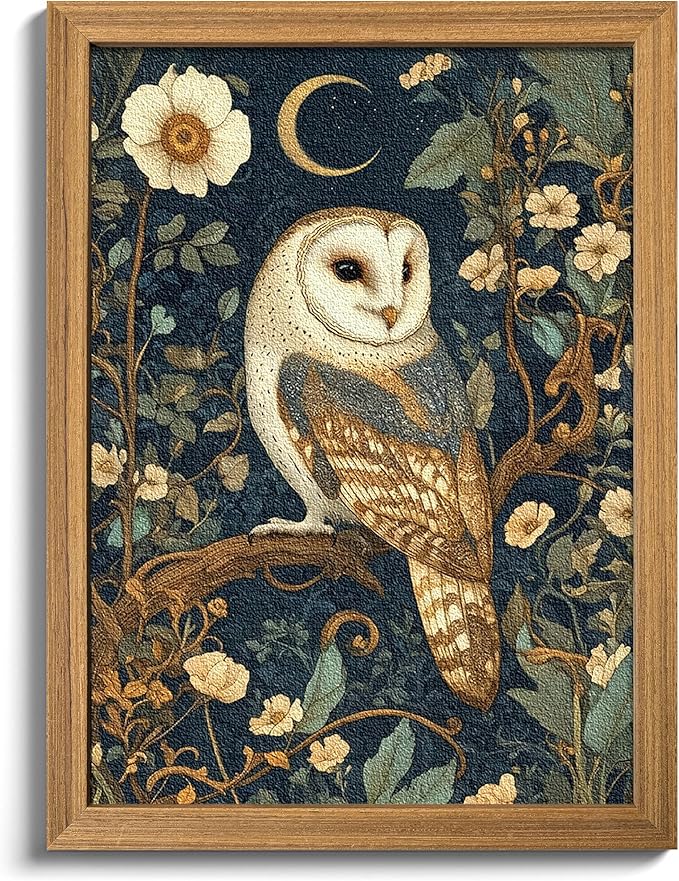 Framed William Morris Wall Art, 3D Textured Cottagecore Vintage Barn Owl Wall Decor, Hand Drawn Sandstone Botanical Art, Dark Academia Flowers Artwork for Bedroom, Farmhouse Home Decor 12x16 inch