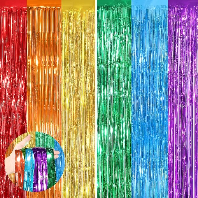 Rainbow Fringe Curtain Party Streamers 4Pack 3.3 x 8.3 Ft Foil Fringe Backdrop Curtains for Birthday Wedding Bridal Baby Shower Holiday Tinsel Streamers Rainbow Party Decorations Door Streamer