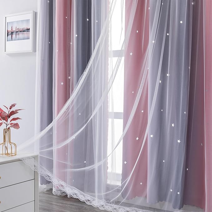 XiDi Ombre Gray and Pink Blackout Curtains for Girls Bedroom 63 Inch Length 2 Panels,Grommet Window Drapes for Kids Room Decro Pink Grey