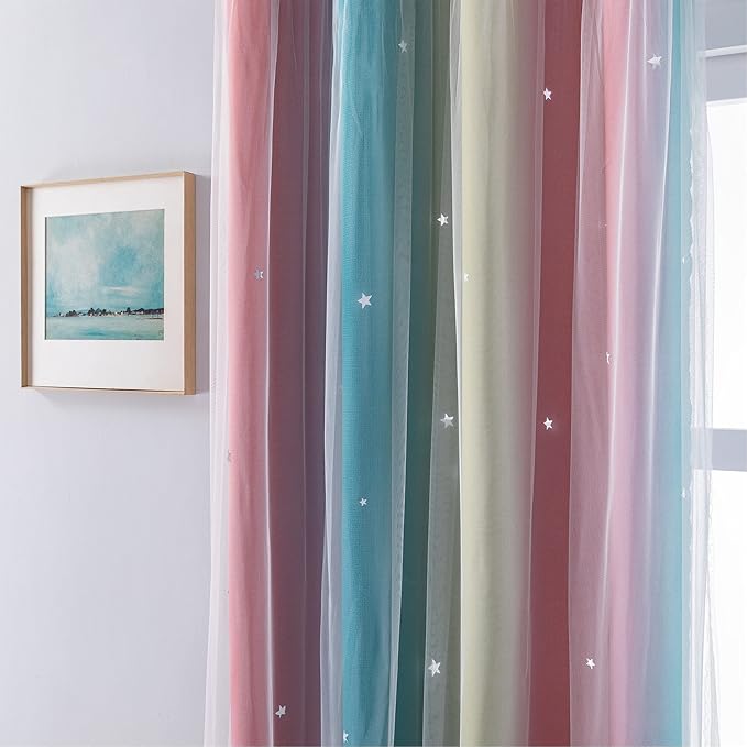 XiDi Curtains for Bedroom Decor, Rainbow Pink-Blue-52-90
