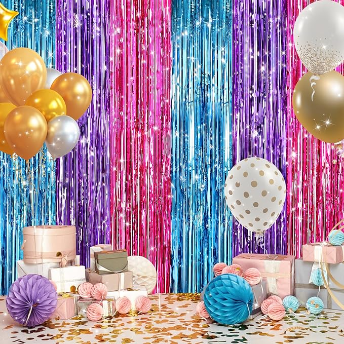 2Pack Blue Purple Pink Party Streamers, Blue Metallic Tinsel Streamers for Birthday Wedding Party Decors Graduation Baby Shower, Photo Booth Props for Bachelorette Decors Xmas Halloween Party Backdrop