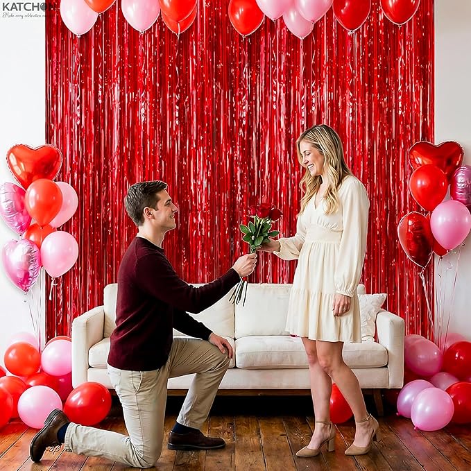 KatchOn, XtraLarge Red Streamers Backdrop - 3.2x8 Feet, Pack of 2 | Red Fringe Backdrop for Graduation Decorations 2026 | Foil Fringe for Birthday, Carnival, Casino Theme Party Decoration
