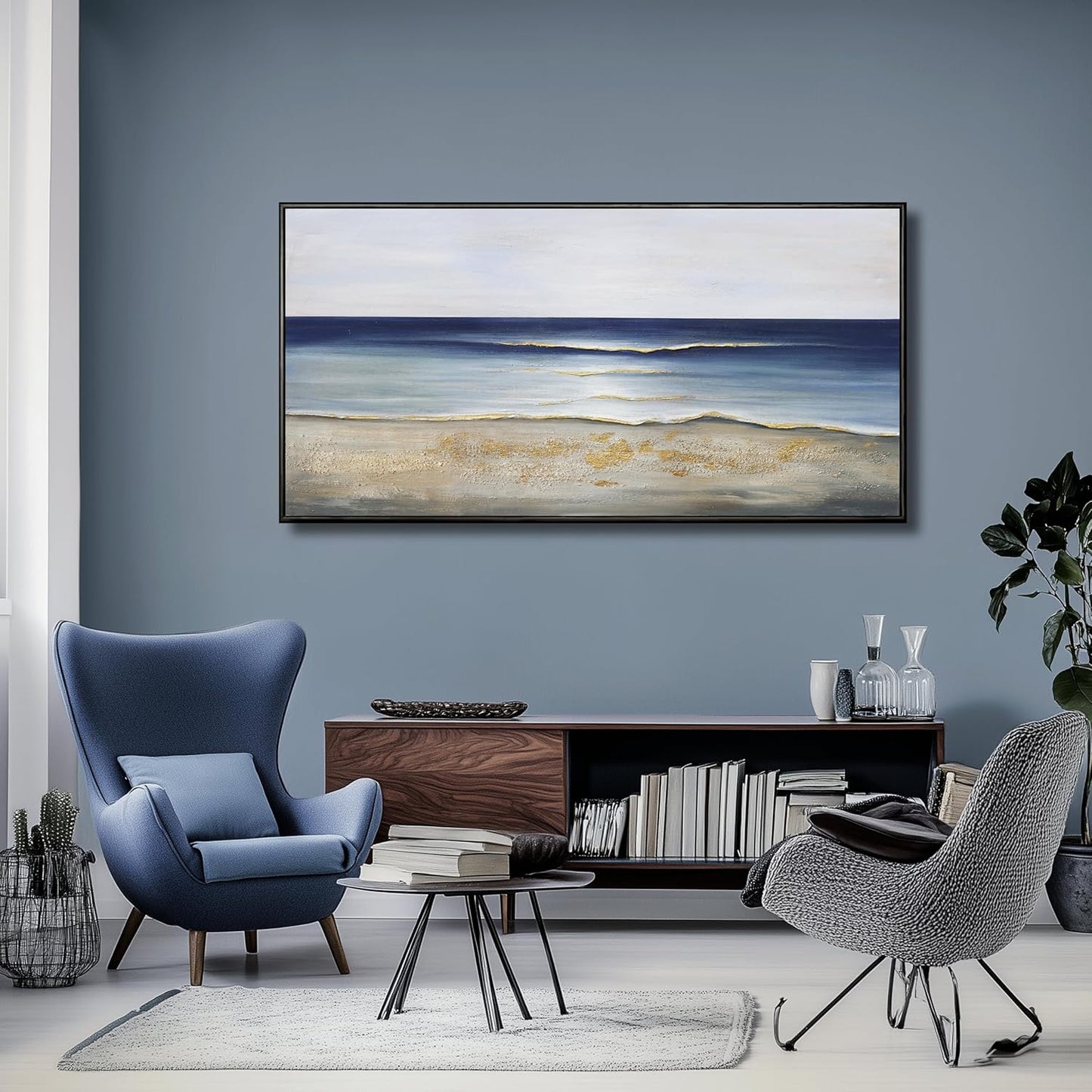 Yuaxker Ocean Wall Art Blue and White Wall Decor Framed Aesthetic Artwork Wall Hanging Canvas Painting for Living Room Bedroom Dining Room Office Home Decor 24x48 Inch