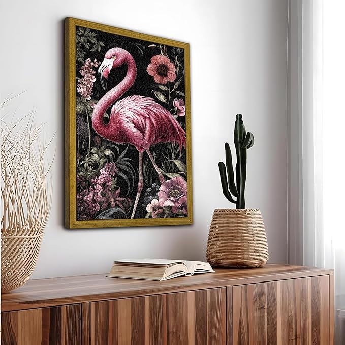 Framed 3D Textured Wall Art, Hand Drawn Sandstone Flamingos Wall Decor Paintings, Vintage Animal Floral Botanical Aesthetic Picture, Pink Academia Decor for Living Room Bathroom Home 16x24 inch