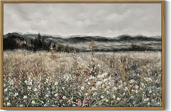 SHENIFY Vintage Landscape Framed Wall Art Meadow Flowers Farmhouse Decor Retro Classic Painting for Hallway Living Room Bedroom Dining Room - 24x36in Natural Framed
