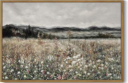SHENIFY Vintage Landscape Framed Wall Art Meadow Flowers Farmhouse Decor Retro Classic Painting for Hallway Living Room Bedroom Dining Room - 24x36in Natural Framed