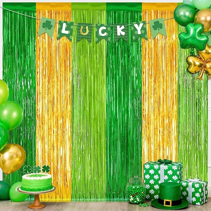 2 Pack St Patrick Party Decorations, Green Party Backdrop Green Gold Light Green Backdrop Curtains, Metallic St.Patrick Fringe Curtains Party Streamer Tinsel Backdrop, St Patrick Party Supplies