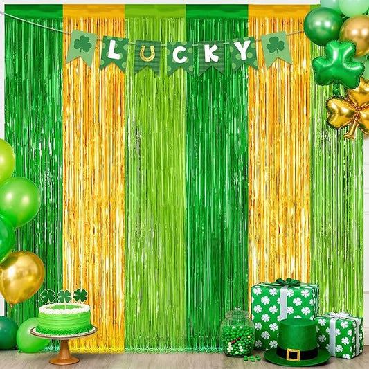 2 Pack St Patrick Party Decorations, Green Party Backdrop Green Gold Light Green Backdrop Curtains, Metallic St.Patrick Fringe Curtains Party Streamer Tinsel Backdrop, St Patrick Party Supplies