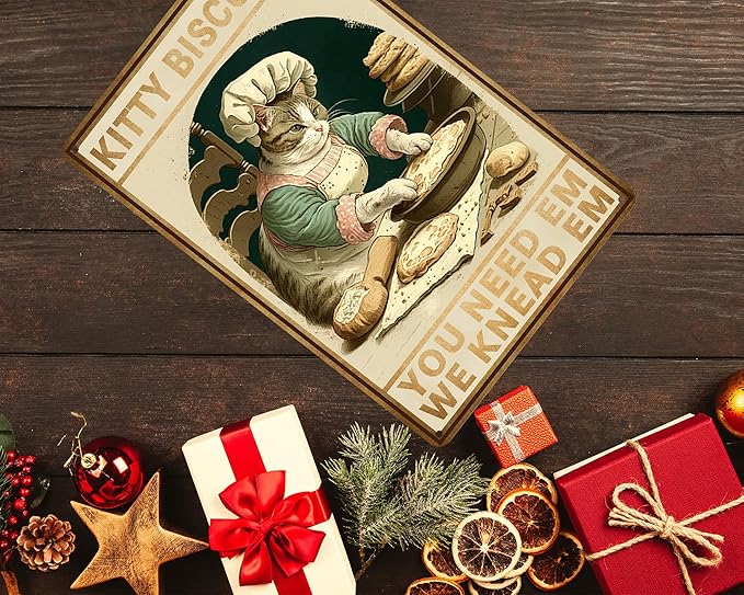HYBLOM Cottagecore Decor - Cat Signs - Kitty Biscuits You Need Em We Knead Em Poster - Vintage Home Wall Art Metal Tin Sign 12x8 Inches