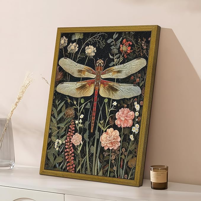 Framed Hand Drawn Sandstone Dragonfly Wall Art, Vintage 3D Textured Nature Botanical Wall Decor Pictures, Pink Flowers Print Painting for Living Room Kitchen Home Decor 12x16inch