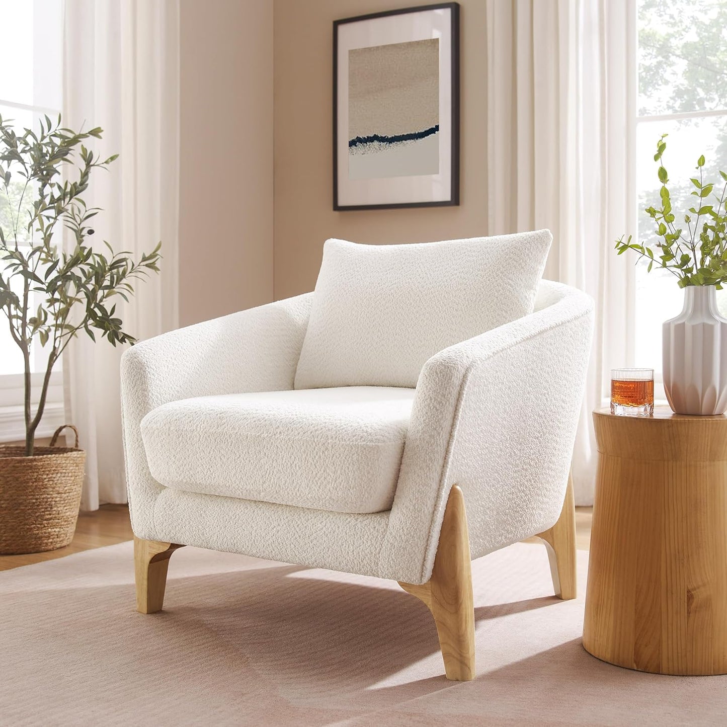 Accent Chair 31" Oversized Reading Chair Comfy Upholstered Boucle Lounge Armchair, Modern Living Room Chair with Back Pillow,Single Sofa Chair for Bedroom, Office (Beige)
