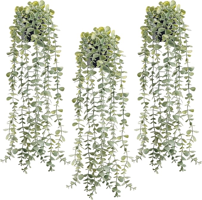 Der Rose 3Pcs Fake Plants Hanging Artificial Decor Faux Potted Eucalyptus Plants for Boho Bathroom Home Office Desk Wall Shelf Bookcase Accessories Decor Indoor