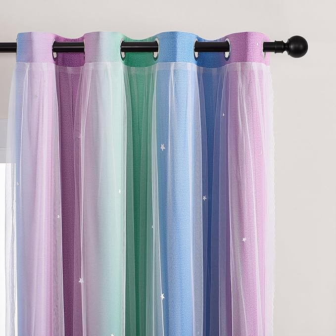 XiDi Curtains for Bedroom Decor, Rainbow Green PurpleBlue52/45/1