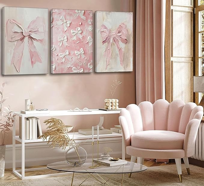 3Pcs Trendy Pink Bow Canvas Wall Art Vintage Cute Preppy Watercolor Bow Painting Pictures Wall Decor Posters Prints Girly Aesthetic for College Apartment Bedroom Decoration