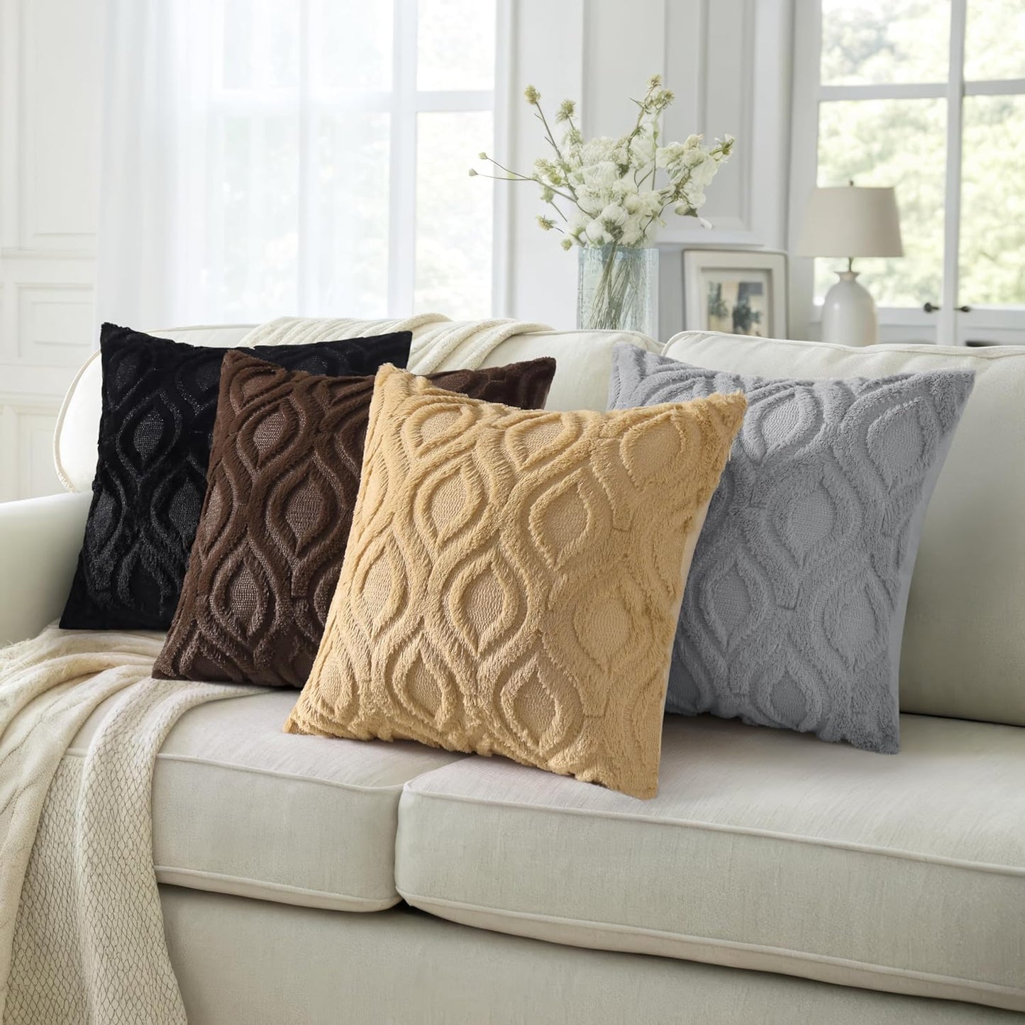 decorUhome Fall Throw Pillow Covers 24x24 Inch Set of 2, Soft Plush Decorative Faux Fur Black Solid Couch Pillow Covers, Accent Farmhouse Neutral Square Euro Pillow Cases for Sofa Bed Living Room