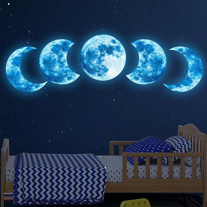 10Pcs Glow in The Dark Moon Wall Decals Large Luminous Space Planet Moon Phases Wall Sticker Glow in The Dark Stickers for Ceiling Removable Vinyl Boho Wall Decor for Kids Boys Girls Bedroom Nursery