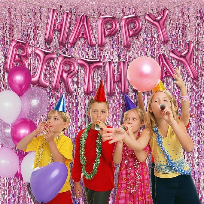 Pink Streamers Fringe Backdrop Tinsel Foil Fringe Curtains Wavy Backdrop for Party Sparkle Metallic Pink Curtain Photo Booth Props for Birthday Wedding Valentines Day Bachelorette Decorations