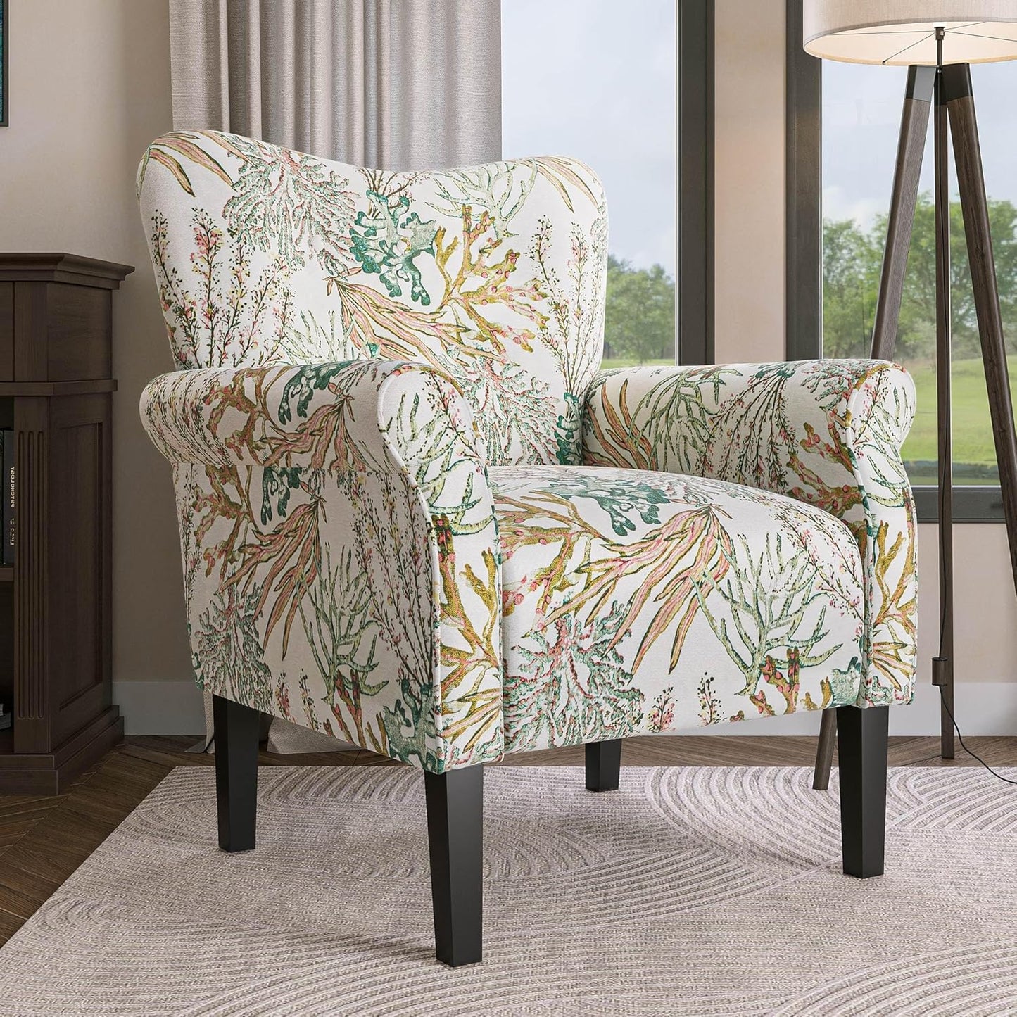 BELLEZE Modern Accent Chair for Living Room, High Back Linen Armchair with Wooden Legs, Upholstered Wingback Side Chair Padded Armrest Single Sofa for Living Room, Bedroom - Allston (Green Coral)